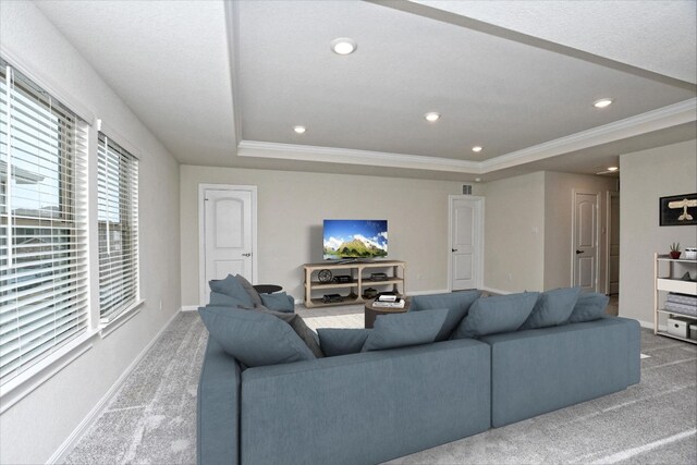 3 Pacific Loon St, Leander, TX 78641 - living room with carpet flooring, a raised ceiling, recessed lighting, and ornamental molding
