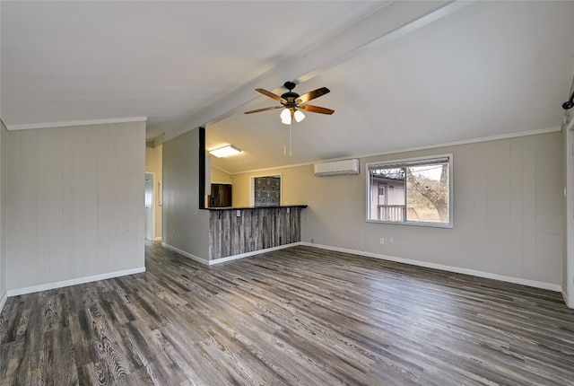 148 W Castleshoals Dr, Granite Shoals, TX 78654 - unfurnished living room with baseboards, a ceiling fan, a wall mounted AC, wood finished floors, and vaulted ceiling with beams