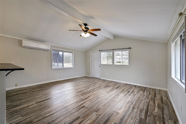 148 W Castleshoals Dr, Granite Shoals, TX 78654 - empty room featuring ceiling fan, a wealth of natural light, lofted ceiling with beams, and a wall unit AC