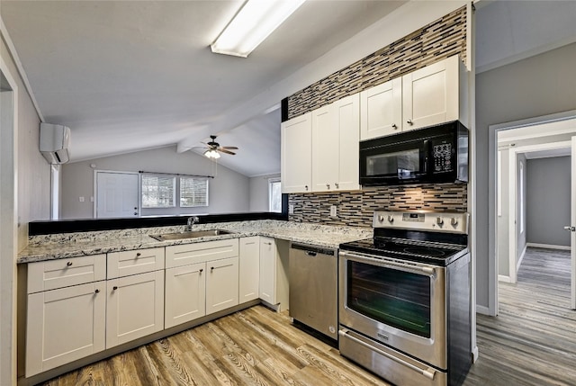 148 W Castleshoals Dr, Granite Shoals, TX 78654 - kitchen with a sink, backsplash, ceiling fan, stainless steel appliances, and vaulted ceiling with beams