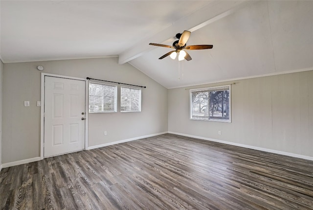 148 W Castleshoals Dr, Granite Shoals, TX 78654 - empty room with dark wood-type flooring, baseboards, vaulted ceiling with beams, and ceiling fan