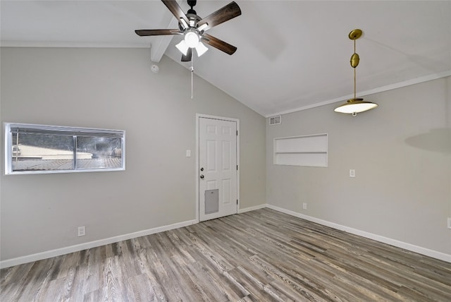 148 W Castleshoals Dr, Granite Shoals, TX 78654 - unfurnished room with visible vents, baseboards, ceiling fan, wood finished floors, and vaulted ceiling with beams