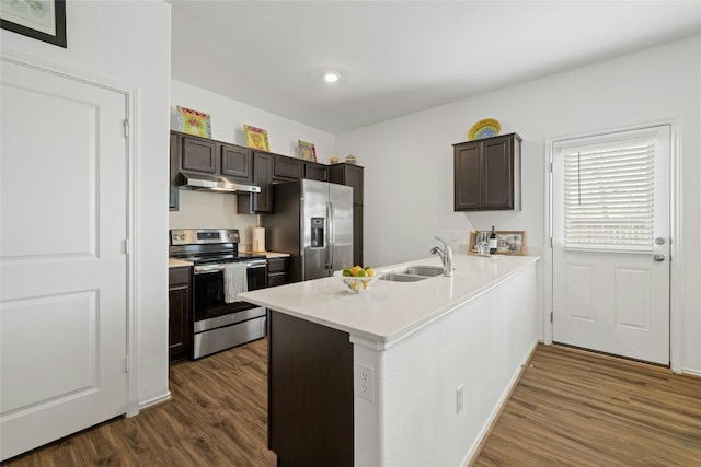 kitchen featuring dark wood-type flooring, dark brown cabinetry, sink, kitchen peninsula, and stainless steel appliances