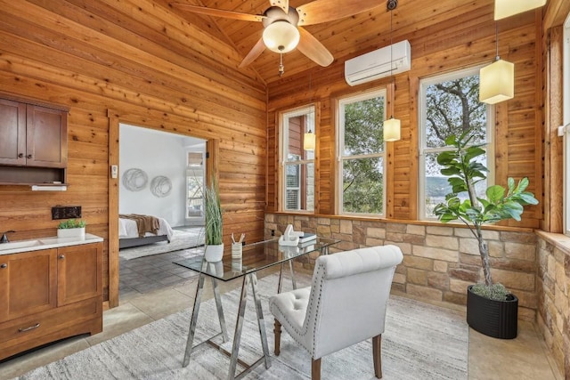 14277 Fm 2769, Leander, TX 78641 - dining room with a wall unit AC, a ceiling fan, lofted ceiling, and wooden ceiling