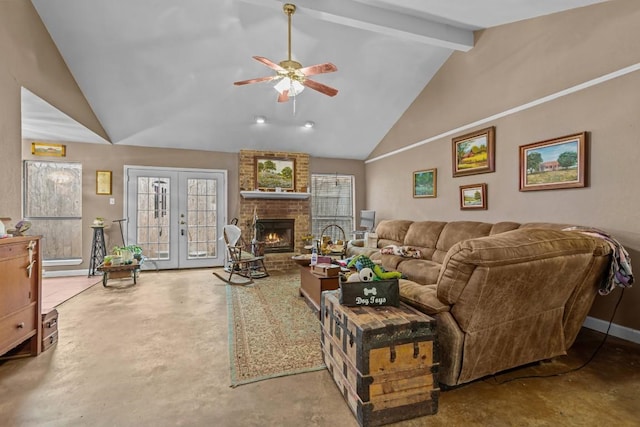 living room featuring high vaulted ceiling, ceiling fan, a brick fireplace, beam ceiling, and french doors