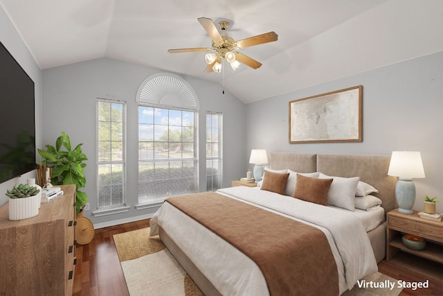 30388 Ledgemont Ln, Georgetown, TX 78628 - bedroom with ceiling fan, wood finished floors, and lofted ceiling