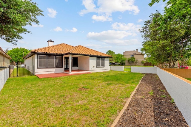 30388 Ledgemont Ln, Georgetown, TX 78628 - rear view of house featuring a tile roof, a patio, a fenced backyard, a gate, and stucco siding