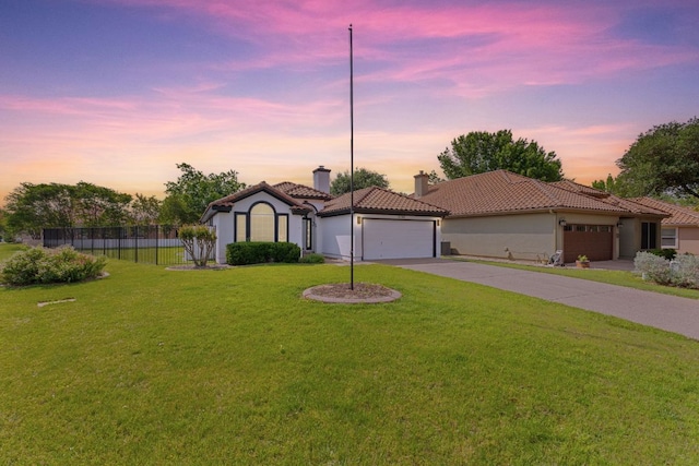 30388 Ledgemont Ln, Georgetown, TX 78628 - view of front of property with driveway, a tile roof, a chimney, an attached garage, and fence