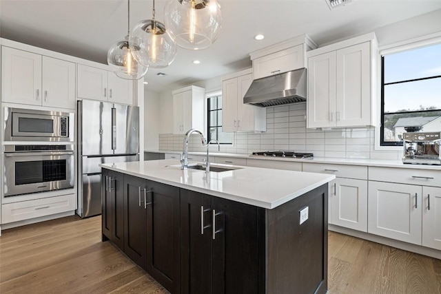 kitchen featuring sink, hanging light fixtures, stainless steel appliances, white cabinets, and a center island with sink