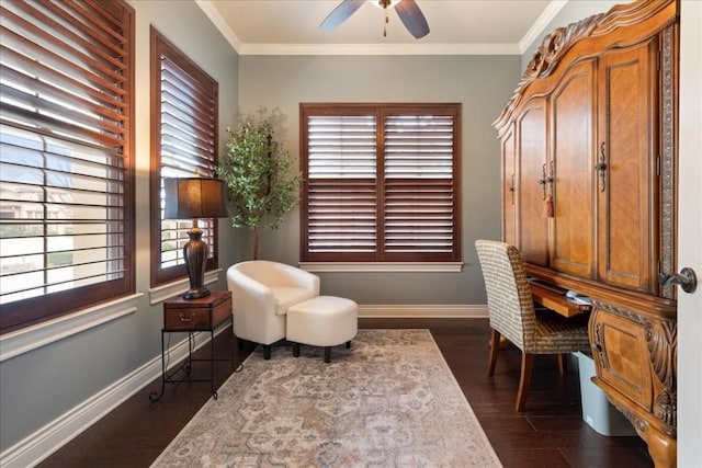 office space with ornamental molding, dark hardwood / wood-style floors, and ceiling fan