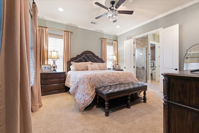 bedroom with light carpet, ornamental molding, and ceiling fan