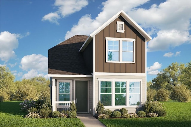 view of front of property featuring board and batten siding, roof with shingles, and a front lawn