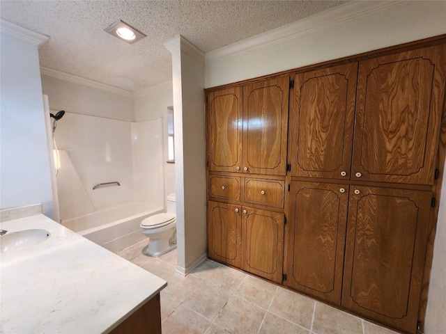 full bathroom with toilet, crown molding,  shower combination, a textured ceiling, and tile patterned flooring