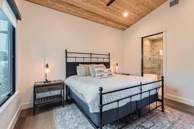 19217 Lost Tree Cv, Spicewood, TX 78669 - bedroom with wood ceiling, lofted ceiling, wood finished floors, recessed lighting, and connected bathroom