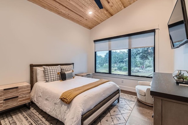 19217 Lost Tree Cv, Spicewood, TX 78669 - bedroom featuring lofted ceiling, wood finished floors, recessed lighting, and wooden ceiling