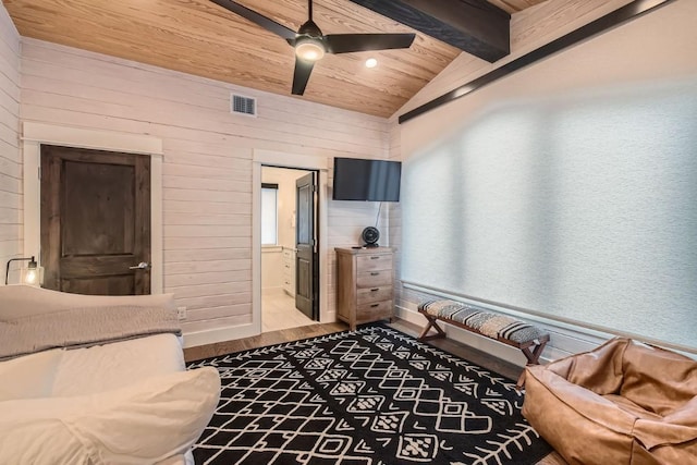 19217 Lost Tree Cv, Spicewood, TX 78669 - bedroom featuring wooden ceiling, wood finished floors, wood walls, connected bathroom, and ceiling fan