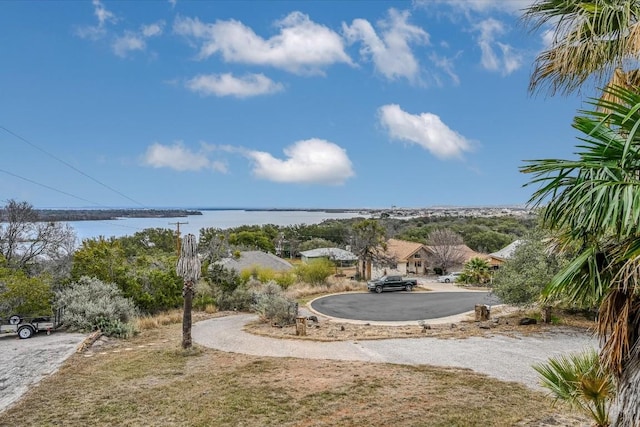 view of yard featuring a water view and driveway