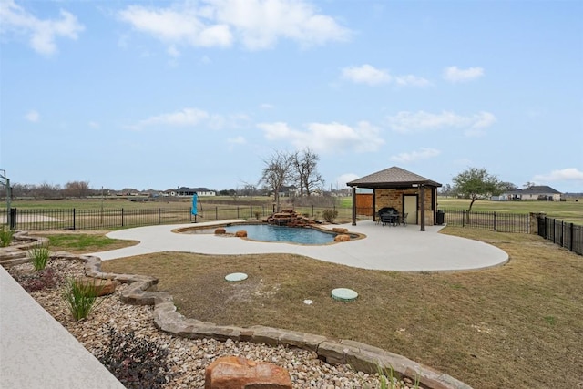 view of jungle gym featuring a gazebo, a yard, and a fenced in pool