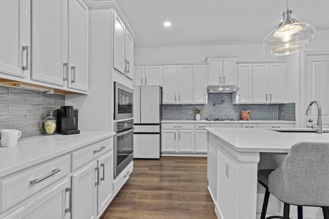 872 Wild Pecan Loop, Buda, TX 78610 - kitchen with appliances with stainless steel finishes, a sink, under cabinet range hood, backsplash, and light countertops