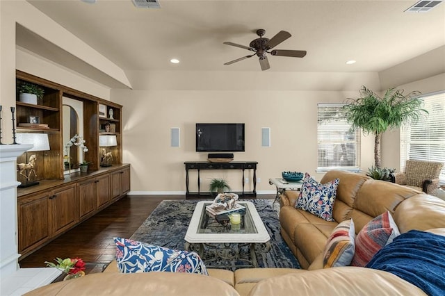 11409 Cezanne Ct, Austin, TX 78726 - living room with baseboards, a ceiling fan, dark wood finished floors, and recessed lighting