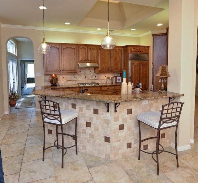 11409 Cezanne Ct, Austin, TX 78726 - kitchen featuring paneled fridge, arched walkways, under cabinet range hood, a kitchen bar, and stone counters