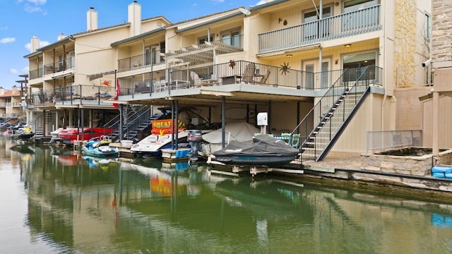 exterior space with a water view