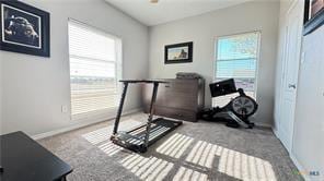 workout area with plenty of natural light and carpet