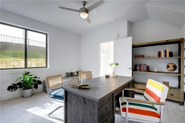 2050 Lohmans Spur Rd Unit 102, Lakeway, TX 78734 - home office featuring carpet, a ceiling fan, and lofted ceiling