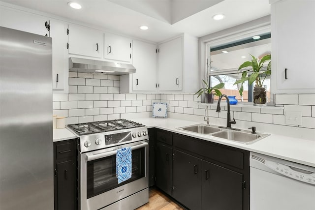 10113 Quail Hutch Dr, Austin, TX 78758 - kitchen featuring stainless steel appliances, under cabinet range hood, a sink, dark cabinets, and recessed lighting
