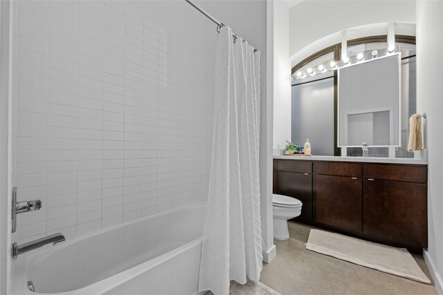 507 Sabine St Unit 907, Austin, TX 78701 - full bath featuring vanity, shower / bathtub combination with curtain, toilet, and finished concrete flooring