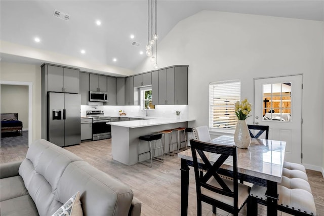 kitchen with appliances with stainless steel finishes, gray cabinets, visible vents, and a peninsula