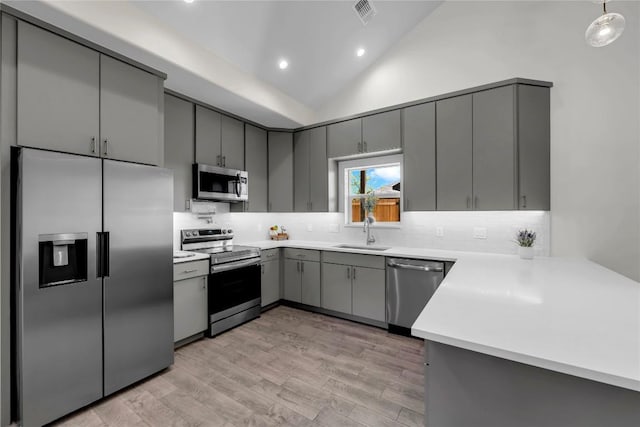 kitchen with gray cabinets, light countertops, visible vents, appliances with stainless steel finishes, and a sink