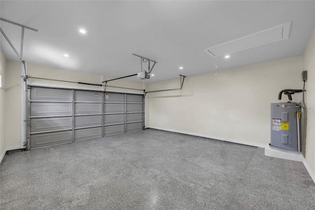 garage featuring a garage door opener, recessed lighting, electric water heater, and baseboards