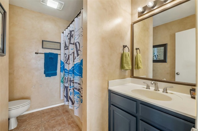 bathroom with curtained shower, visible vents, toilet, and tile patterned flooring