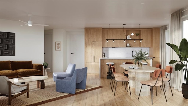 interior space with ceiling fan and light hardwood / wood-style flooring