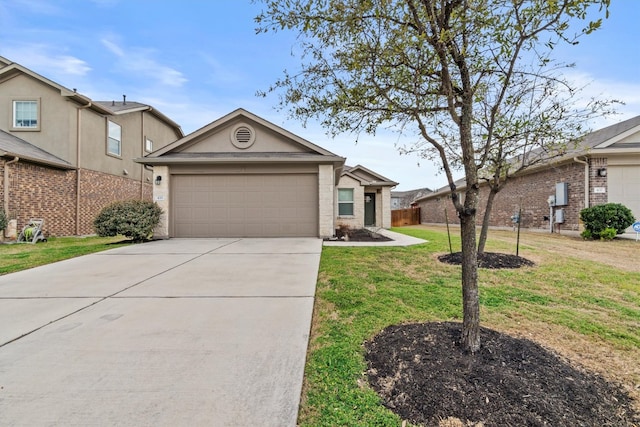 view of front of property with a front lawn, concrete driveway, and an attached garage