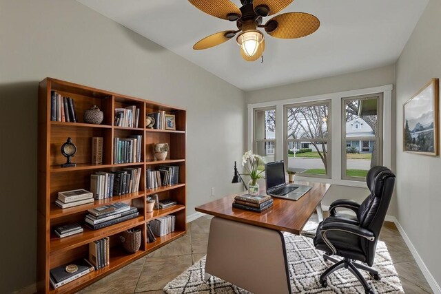 902 W Mill St, New Braunfels, TX 78130 - home office featuring lofted ceiling, light tile patterned floors, and ceiling fan