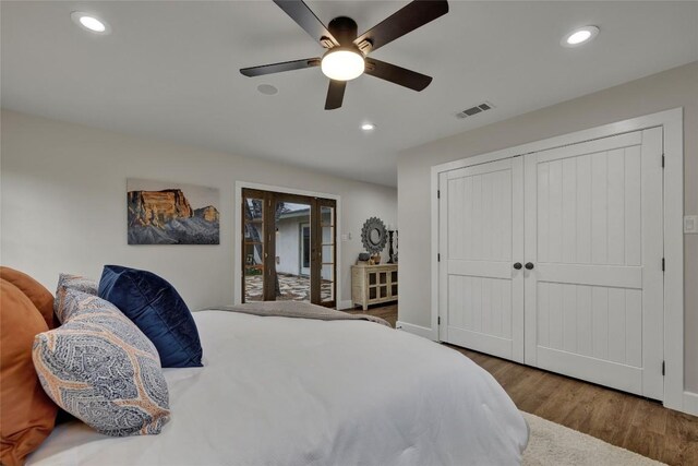 902 W Mill St, New Braunfels, TX 78130 - bedroom featuring ceiling fan, access to exterior, french doors, dark hardwood / wood-style flooring, and a closet