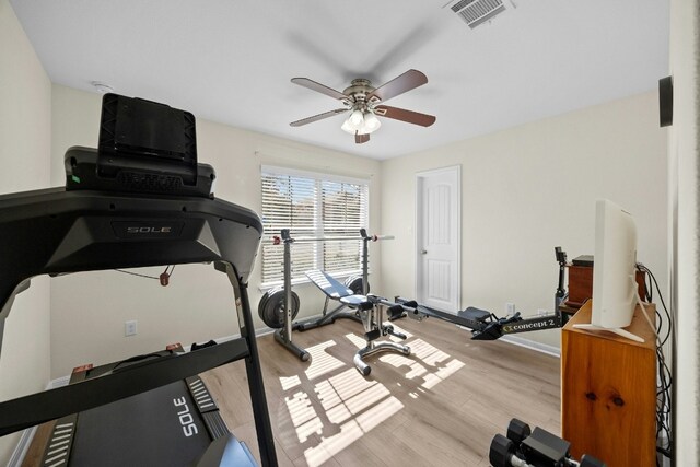 1017 Matheson Dr, Leander, TX 78641 - exercise area with a ceiling fan, wood finished floors, and baseboards