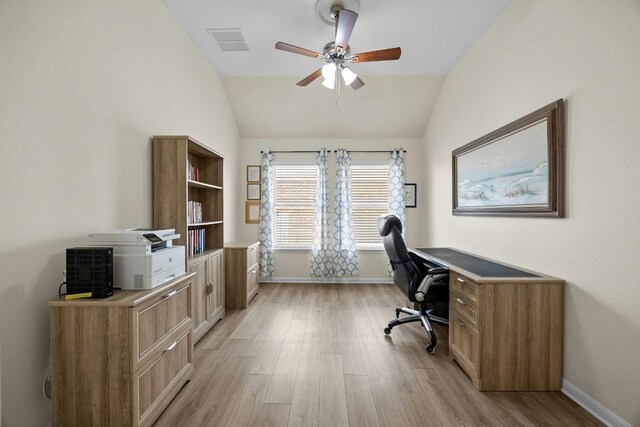 1017 Matheson Dr, Leander, TX 78641 - office space with light wood finished floors, baseboards, vaulted ceiling, and ceiling fan
