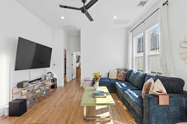 3809 Valley View Rd Unit 19, Austin, TX 78704 - living area featuring attic access, light wood finished floors, ceiling fan, recessed lighting, and baseboards