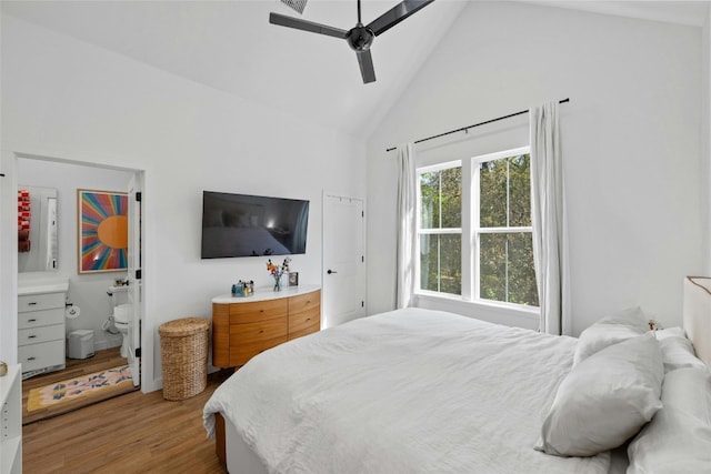 3809 Valley View Rd Unit 19, Austin, TX 78704 - bedroom with light wood finished floors, high vaulted ceiling, and ceiling fan