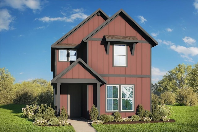view of front facade with board and batten siding and a front lawn