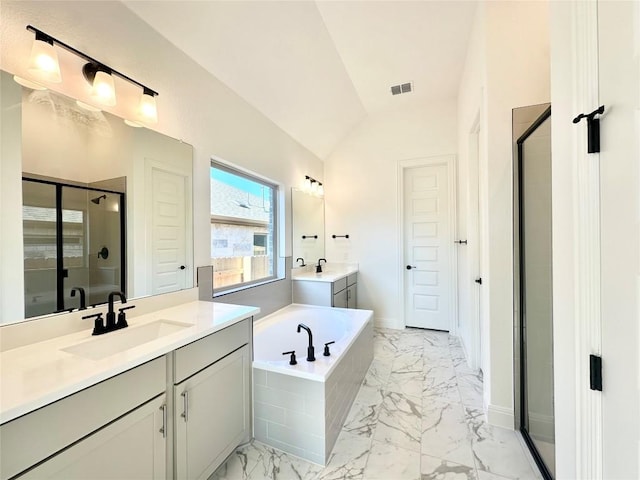 bathroom with plus walk in shower, vaulted ceiling, and vanity