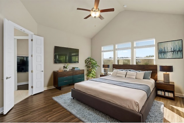 bedroom featuring ceiling fan, high vaulted ceiling, and hardwood / wood-style floors