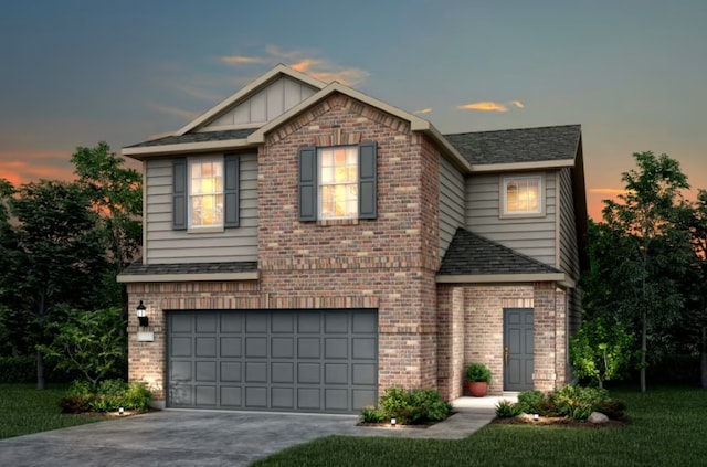 view of front facade with driveway, brick siding, board and batten siding, and an attached garage