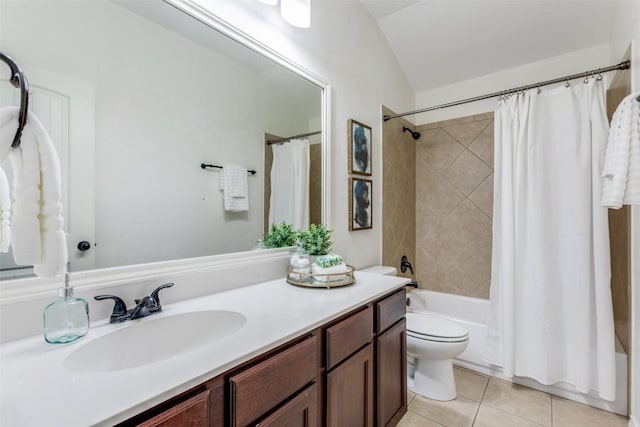 full bath with shower / tub combo, vanity, vaulted ceiling, tile patterned flooring, and toilet