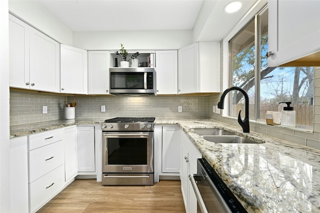 kitchen featuring white cabinetry, appliances with stainless steel finishes, sink, and light hardwood / wood-style flooring