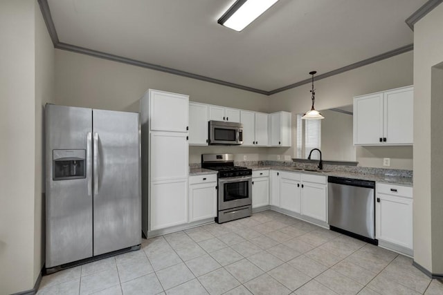 kitchen with sink, white cabinets, hanging light fixtures, ornamental molding, and stainless steel appliances