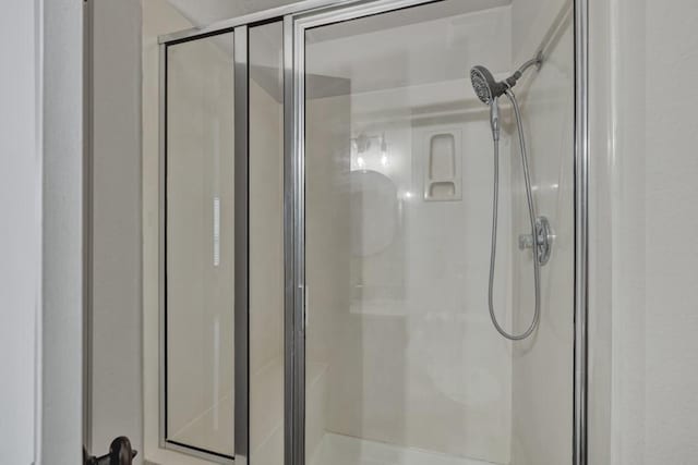 bathroom with a shower with shower door